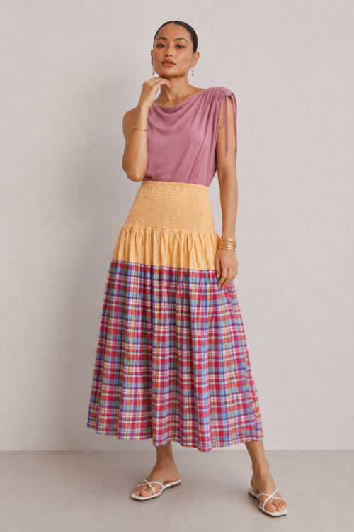 Draped Top & Tiered Plaid Skirt Co-Ord Set