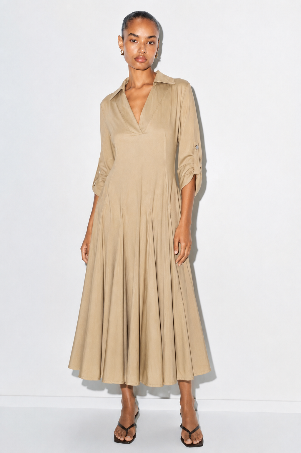 Sand Beige Cotton Linen Collared Dress - Image 2