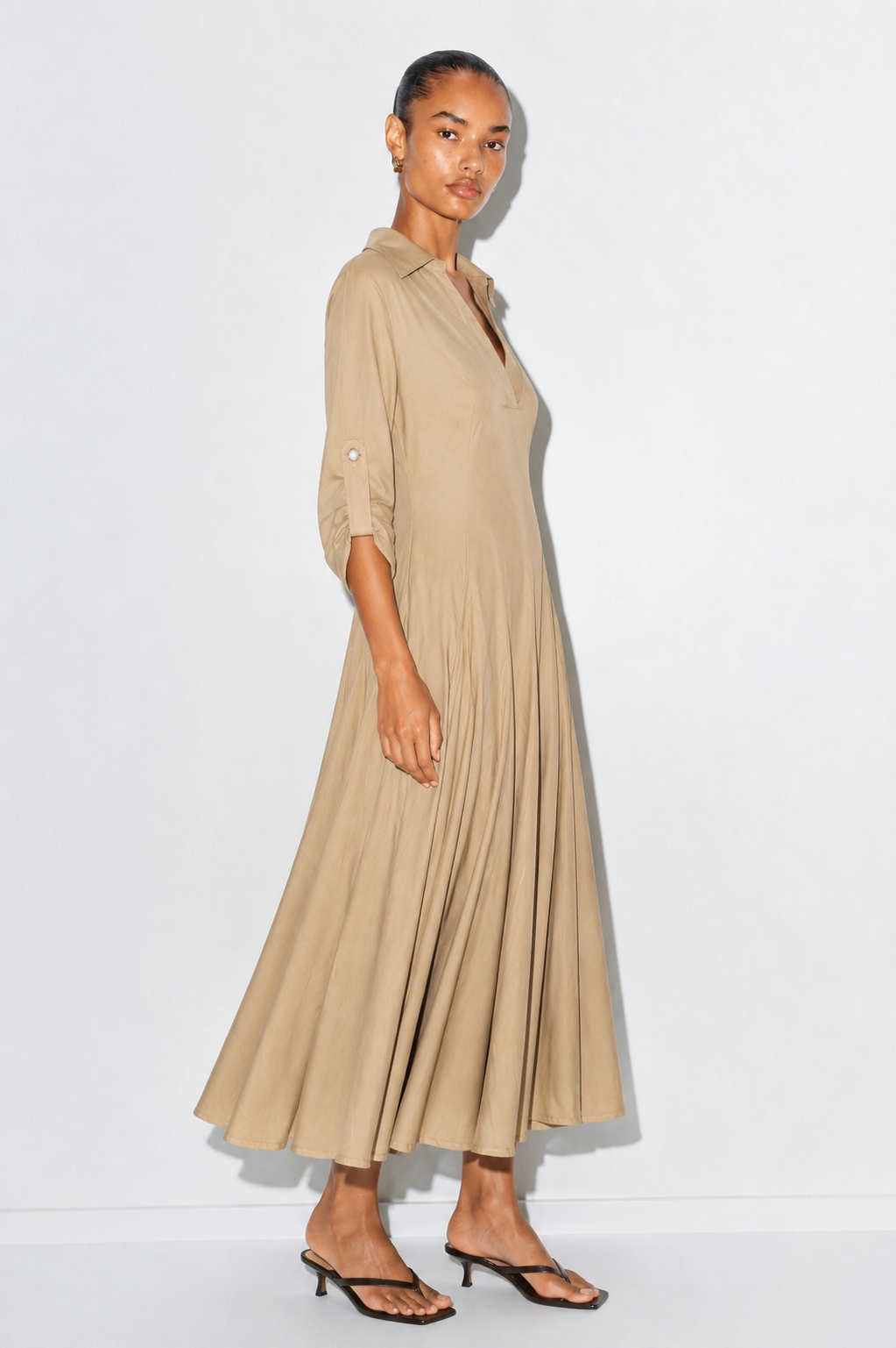 Sand Beige Cotton Linen Collared Dress - Image 3
