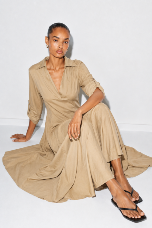 Sand Beige Cotton Linen Collared Dress