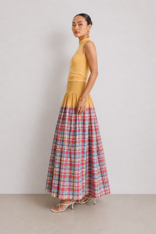 Cotton Tiered Maxi Skirt – Smocked Waist Plaid Skirt
