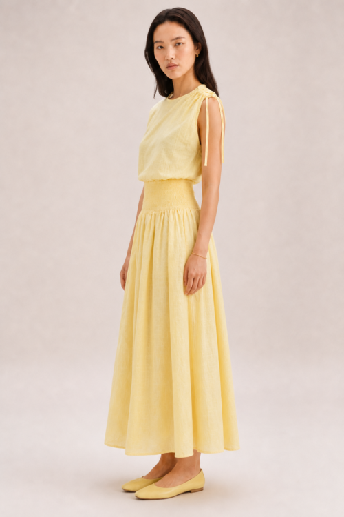 Butter Yellow Linen Tie-Shoulder Top & Smocked Midi Skirt Set